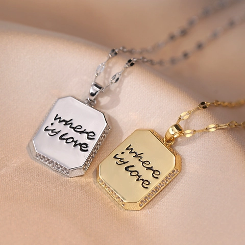 Collar Con Colgante Rectangular De Acero Inoxidable Con Letras Borde De Circonitas Para Mujer Moda Minimalista