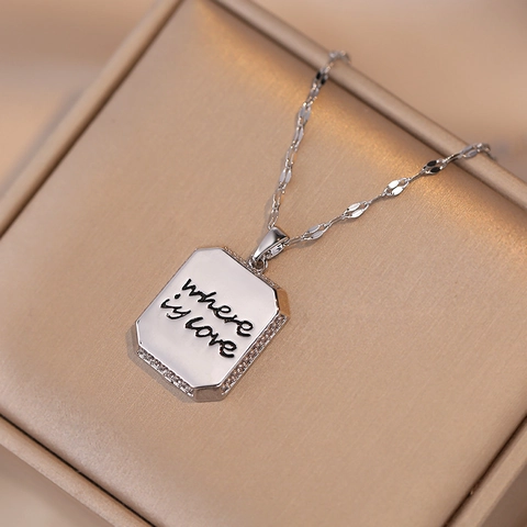 Collar Con Colgante Rectangular De Acero Inoxidable Con Letras Borde De Circonitas Para Mujer Moda Minimalista