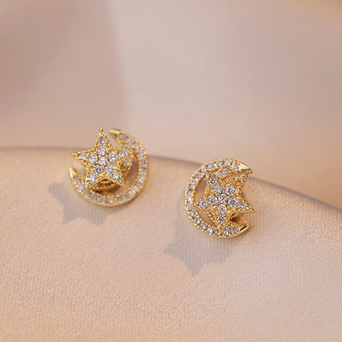 Rotating Star Moon Stud Earrings Copper Gold Color Zircon Dainty Minimalist Jewelry For Women