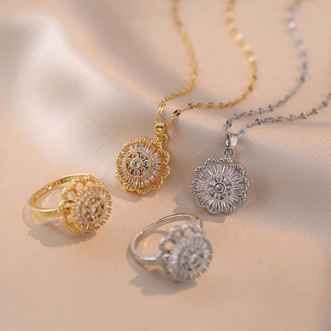 Collana Con Pendente Girasole Rotante Zircone Acciaio Al Titanio Gioielli Spinner Per Donna Elegante
