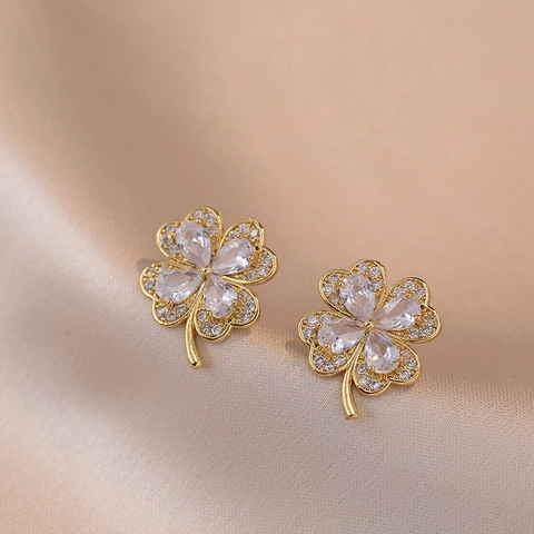 Eleganti Orecchini A Lobo A Quadrifoglio In Rame Con Zircone A Goccia E Strass Per Donna