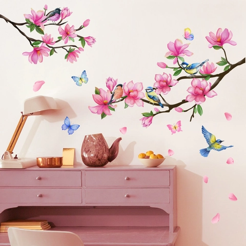 Pink Magnolia Flower Branches Birds Wall Stickers PVC Watercolor Floral Butterflies Self Adhesive Home Decor Decals For Bedroom