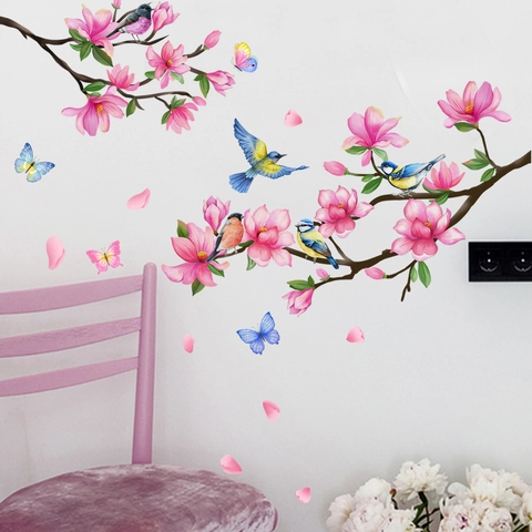 Pink Magnolia Flower Branches Birds Wall Stickers PVC Watercolor Floral Butterflies Self Adhesive Home Decor Decals For Bedroom