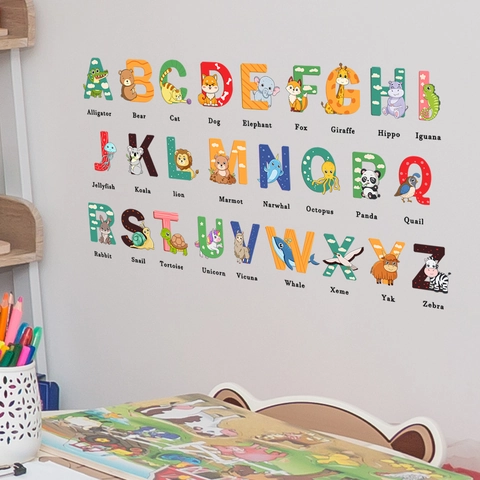 Cartoon Animal Alphabet Wall Stickers PVC Colorful Letter Decals For Kids Room Nursery Kindergarten School Bedroom Decor