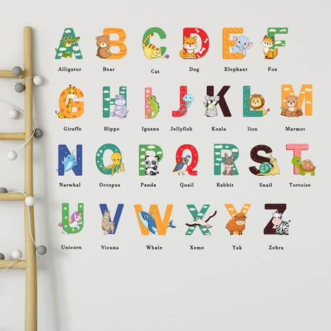 Cartoon Animal Alphabet Wall Stickers PVC Colorful Letter Decals For Kids Room Nursery Kindergarten School Bedroom Decor