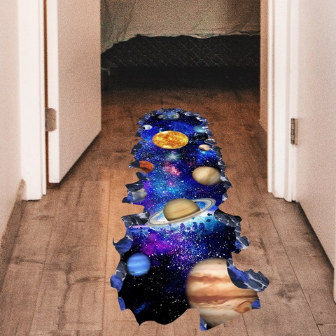 3D Outer Space Galaxy Wall Stickers PVC Self Adhesive Removable Broken Floor Decals Planet Earth Saturn For Kids Bedroom
