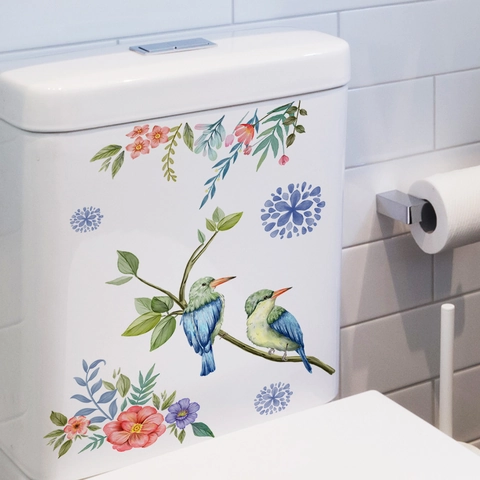 Aquarell Eisvogel Blume Toilettendeckel Aufkleber Wasserdicht PVC Badezimmer Wandsticker Künstlerisch Abnehmbar Wohndekor