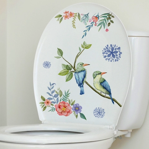 Aquarell Eisvogel Blume Toilettendeckel Aufkleber Wasserdicht PVC Badezimmer Wandsticker Künstlerisch Abnehmbar Wohndekor