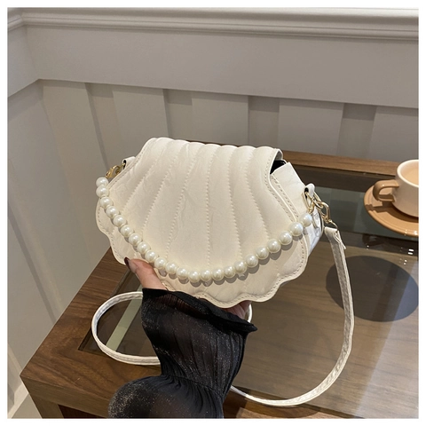 Shell Shaped Crossbody Bag PU Leather Quilted With Artificial Pearl Handle Elegant Fashionable Handbag For Women Chic Shell Bag