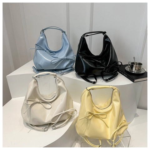 French Style Women Glossy PU Leather Shoulder Bag Sweet Bowknot Decor Ruched Hobo Underarm Bag Simple Elegant Tote