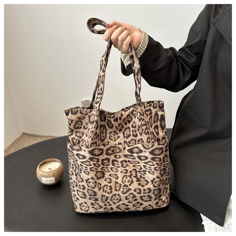 Fashion Leopard Print Suede Fabric Tote Bag Large Capacity Women Shoulder Bag Bucket Bag Casual Shopping Travel Handbag