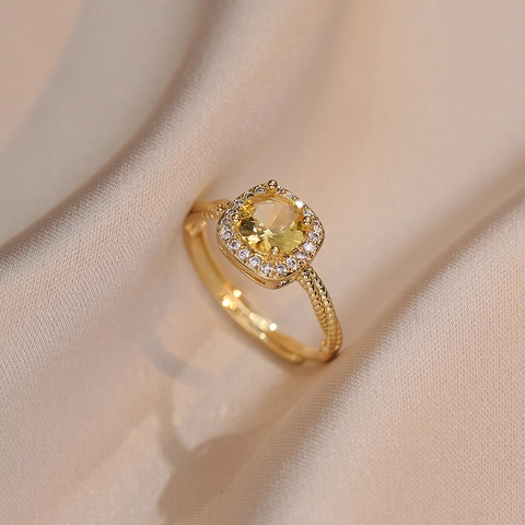 Bagues Ouvertes Ajustables Pour Femmes Zircon Carré Plaqué Or Sertissage Halo Bijoux De Mode Doux Coréens