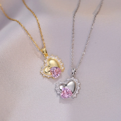 Collana Con Pendente A Cuore Zircone Rosa Acciaio Inossidabile Cuore Infranto Catena Clavicola Gioielli Donna Elegante