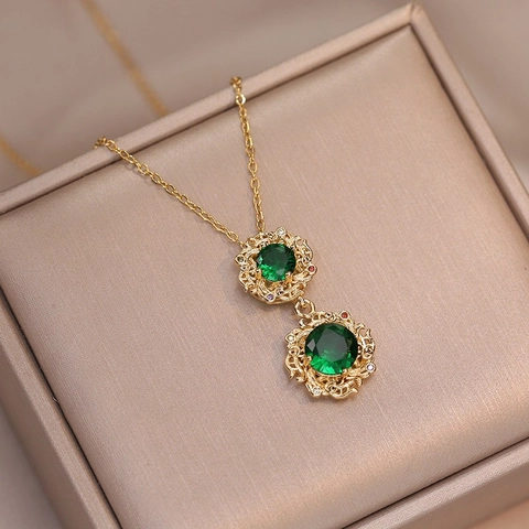 Vintage Double Emerald Green Zirconia Pendant Necklace Titanium Steel Geometric Cross Chain Jewelry For Women Gold Silver