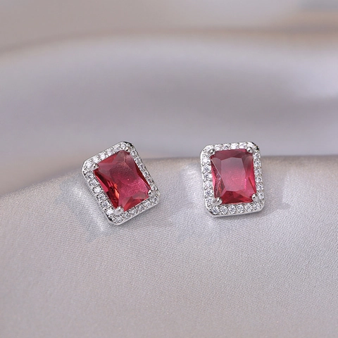 Rote Zirkon Ohrstecker Mit 925 Sterling Silber Ohrstift Rechteckiges Halo Design Kupfer Metall Elegant Für Damen