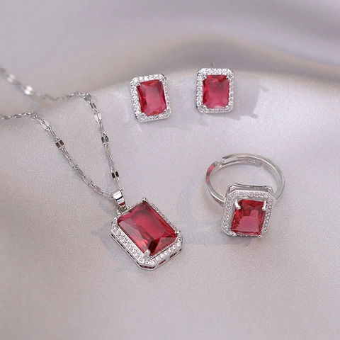 Elegant Red Zircon Pendant Necklace Earrings Ring Titanium Steel Jewelry For Women Rectangular Gemstone Halo Design Fashion