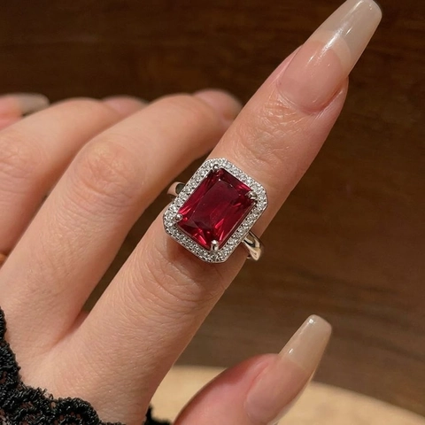 Adjustable Open Ring Rectangular Red Zircon Purple Clover Fashion Jewelry Women Sweet Style Elegant Accessory