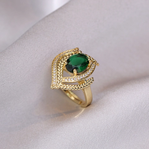 Adjustable Emerald Green Zircon Open Ring Alloy Gold Plated Retro Luxury Sweet Niche Design Jewelry For Women