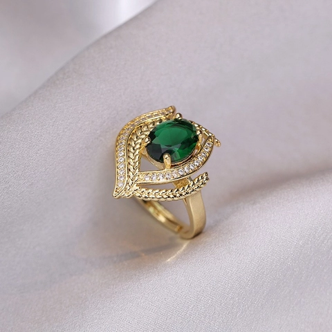 Adjustable Emerald Green Zircon Open Ring Alloy Gold Plated Retro Luxury Sweet Niche Design Jewelry For Women