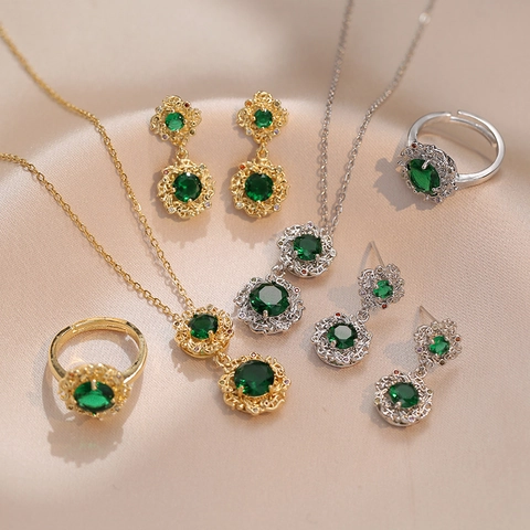 Vintage Emerald Green Zirconia Flower Pendant Necklace Earrings Jewelry Set Stainless Steel Chain Palace Style For Women