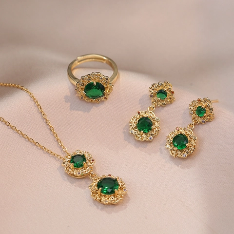 Vintage Emerald Green Zirconia Flower Pendant Necklace Earrings Jewelry Set Stainless Steel Chain Palace Style For Women