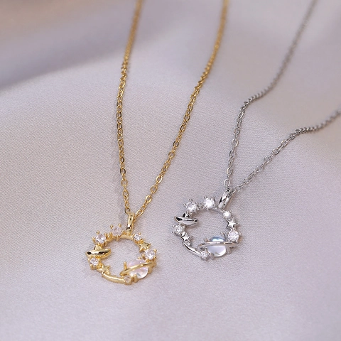 Collana Pianeta Da Sogno Acciaio Al Titanio Zircone Cielo Stellato Saturno Universo Gioielli Accessorio Moda Donna
