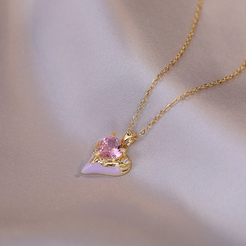 Edelstahl Herz Anhänger Halskette Rosa Kristallglas Emaille Romantische Mode Schmuck Für Damen Valentinstag Geschenk