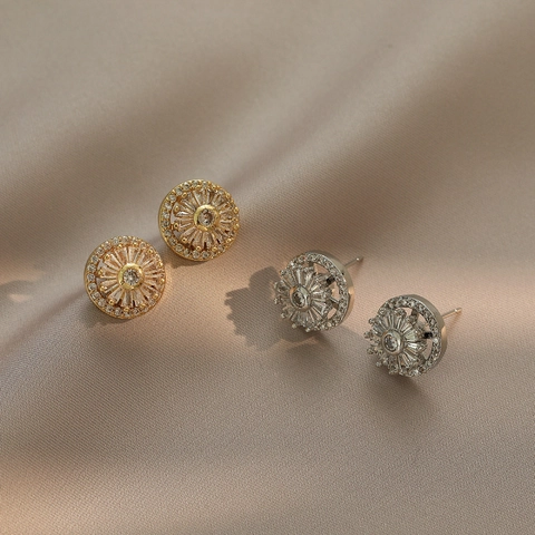 Rotating Round Zircon Stud Earrings Copper Sunflower Starburst Shape Korean Style Elegant Jewelry For Women