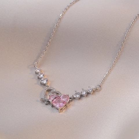 Heart Pendant Necklace Pink Zircon Stainless Steel Hollow Romantic Sweet Jewelry For Women