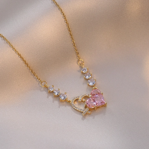 Heart Pendant Necklace Pink Zircon Stainless Steel Hollow Romantic Sweet Jewelry For Women
