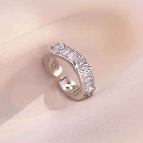 Heart Shape Zircon Open Ring Adjustable Sparkling Baguette Cut Sweet Romantic Niche Design Jewelry For Women