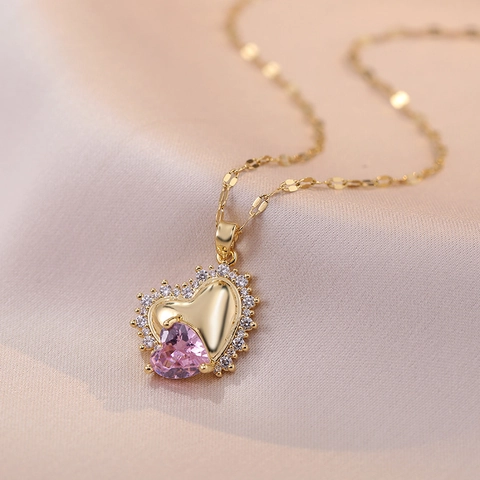Collar De Pendiente De Corazón Roto Acero Inoxidable Circón Rosa Incrustado Joyería De Moda Para Mujeres