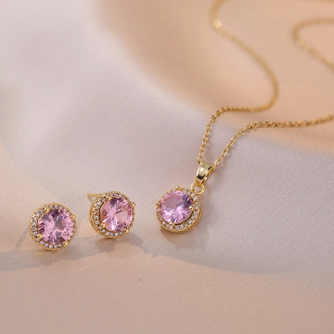 Pink Zircon Pendant Necklace And Earrings Halo Round Design Titanium Steel Geometric Elegant Sweet Jewelry For Women