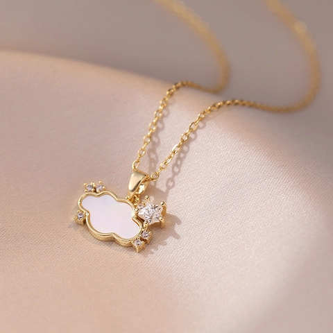 Cloud Pendant Necklace Stainless Steel Mother Of Artificial Pearl Inlaid Zircon Star Dainty Minimalist Sweet Jewelry For Women