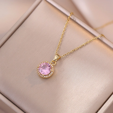 Pink Zircon Pendant Necklace And Earrings Halo Round Design Titanium Steel Geometric Elegant Sweet Jewelry For Women