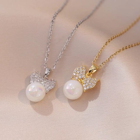 Bowknot Pendant Necklace Titanium Steel Cubic Zirconia Pavé With Mermaid Artificial Pearl Elegant Jewelry For Women