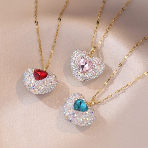 Herz Anhänger Halskette Gold Plattiert Edelstahl Zirkon Besetzt Eleganter Schmuck Für Damen