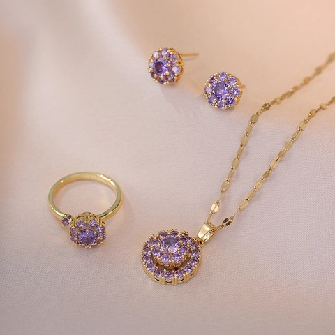 Collana Con Fiore In Zircone Viola Anello Rotante E Orecchini Acciaio Inossidabile Placcato Oro 18K Gioielli Eleganti