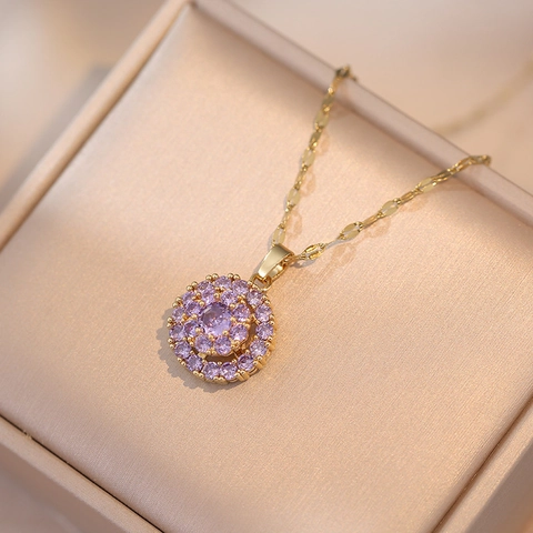 Collana Con Fiore In Zircone Viola Anello Rotante E Orecchini Acciaio Inossidabile Placcato Oro 18K Gioielli Eleganti
