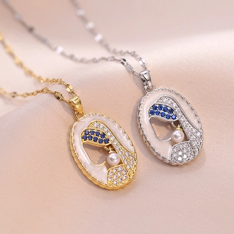 Collana Con Pendente Ritratto Acciaio Inossidabile Smalto Zirconia Blu Perla Artificial Gioielli Vintage Artistici Per Donne