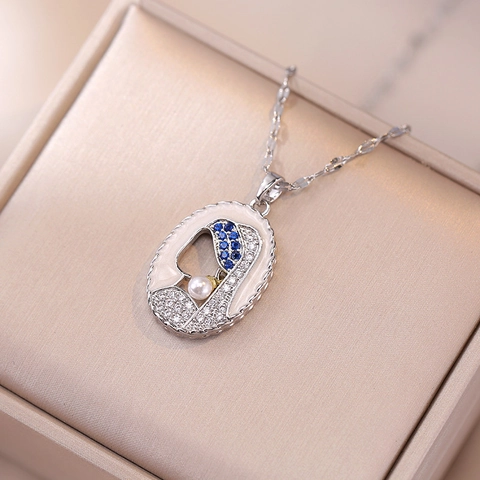 Collana Con Pendente Ritratto Acciaio Inossidabile Smalto Zirconia Blu Perla Artificial Gioielli Vintage Artistici Per Donne