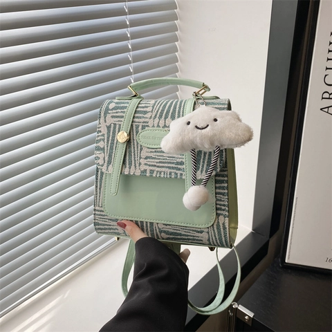 Retro Small Square Bag PU Leather Jacquard Fabric Contrast Color Stripe Mini Backpack Handbag With Cloud Charm