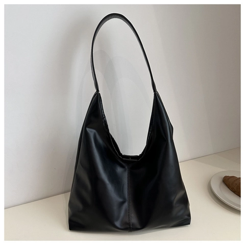 Large Capacity Tote Bag PU Leather Hobo Shoulder Bag Minimalist Commuter Handbag For Women Solid Color Casual Style
