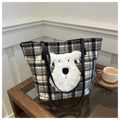 Women Vintage Plaid Woolen Tote Bag With Plush Dog Patch Schnauzer Embroidery Large Capacity Shoulder Bag Everyday Casual Purse
