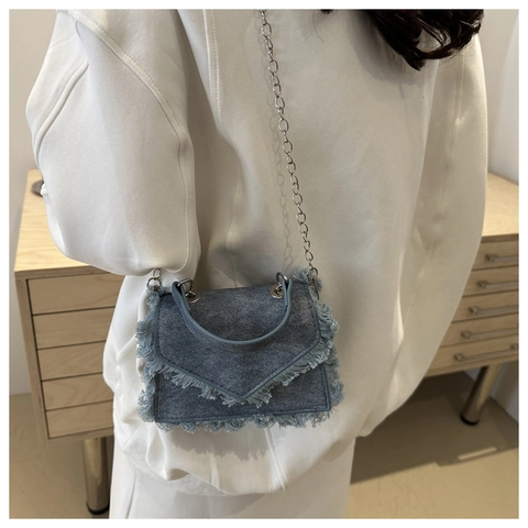 Denim Crossbody Bag Fringed Tassel Chain Strap Handbag Mini Vintage Small Square Bag For Women