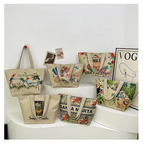 Borsa Tote In Tela Grande Capacità Stampa Floreale Tropicale Chiusura Con Cerniera Borsa Da Spiaggia Casual Per Donne