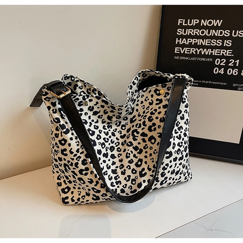 Leopard Print Tote Bag Canvas Große Kapazität Schulterhandtasche Mit Verstellbarem Riemen Retro Street Style Für Frauen