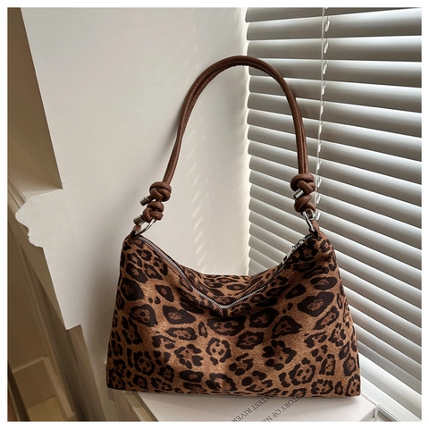 Schultertasche Mit Leopardenmuster Für Damen Retro Hobo Unterachseltasche Mit Knotengurt Modische Stoffhandtasche