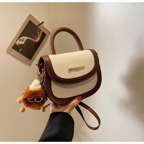 Women Minimalist PU Leather Crossbody Bag Vintage Korean Style Saddle Handbag With Adjustable Strap And Monster Charm
