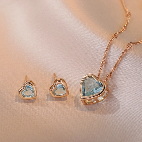 Heart Pendant Necklace And Earrings Light Blue Zirconia Titanium Steel Rose Gold Plated Fashion Jewelry For Women